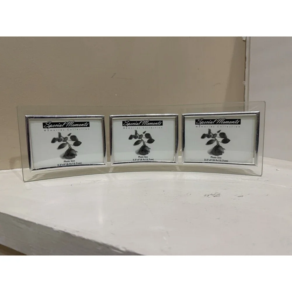 Curved Glass Triple Picture Photo Frame 3.5 x5 Beveled Modern Desk Mantel Decor